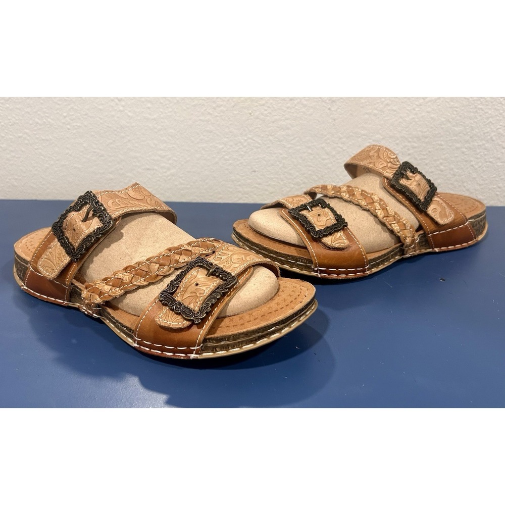 Spring Step L'ARTISTE ASTRA SLIDE SANDAL Tan Western Tooled Leather 41 9.5-10 US